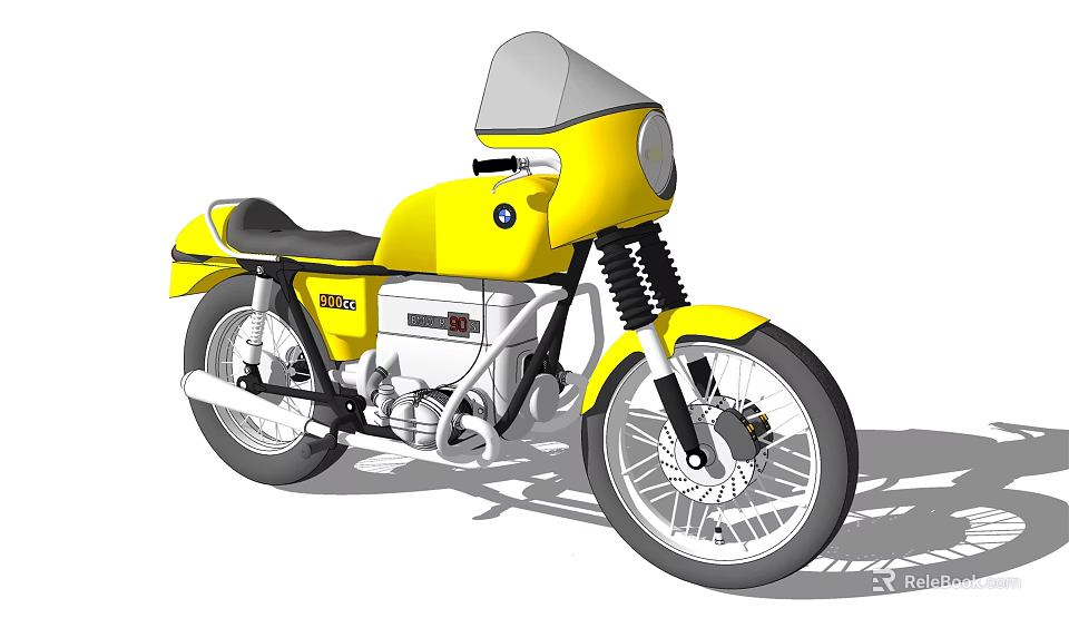 Yellow Vintage Style BMW Motorcycle With Black Seat And Silver Engine Windshield 3d model 