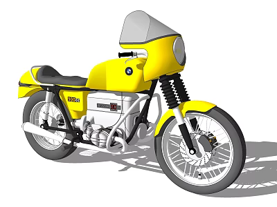 Yellow Vintage Style BMW Motorcycle With Black Seat And Silver Engine Windshield 3d model