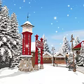 Festive Winter Tobacco Liquor Store in Snowy Scene with Pine Trees Snowman and Striped Roof