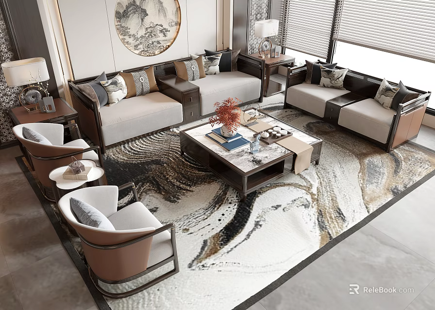 Modern Sofa Coffee Table Set With Wooden Frame Plush Cushions And Patterned Area Rug 3d model