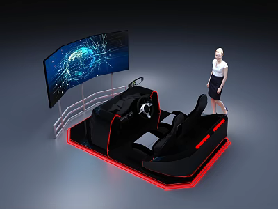 Interactive Driving Simulator Setup With Large Tech Display And Standing Woman 3d model