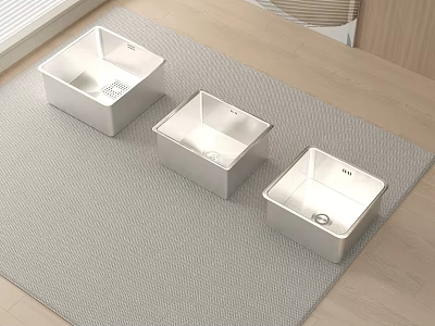 Stainless Steel Square Washbasins Set of Three on Gray Mat with Wooden Background 3d model