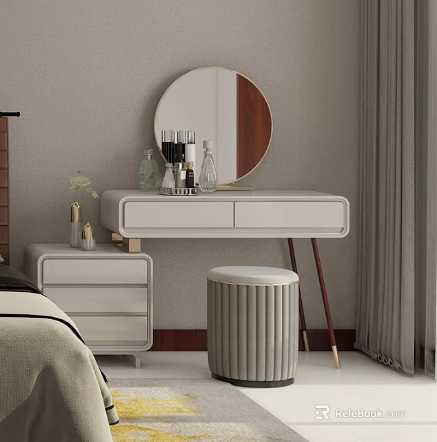 Modern White Dressing Table With Round Mirror Two Drawers Soft Stool And Skincare Bottles 3d model 