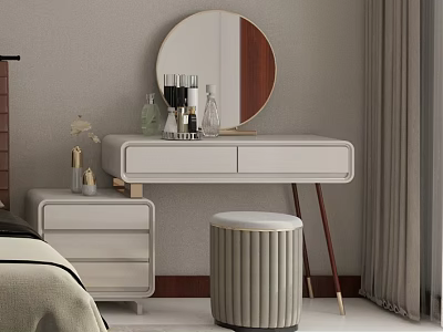 Modern White Dressing Table With Round Mirror Two Drawers Soft Stool And Skincare Bottles 3d model