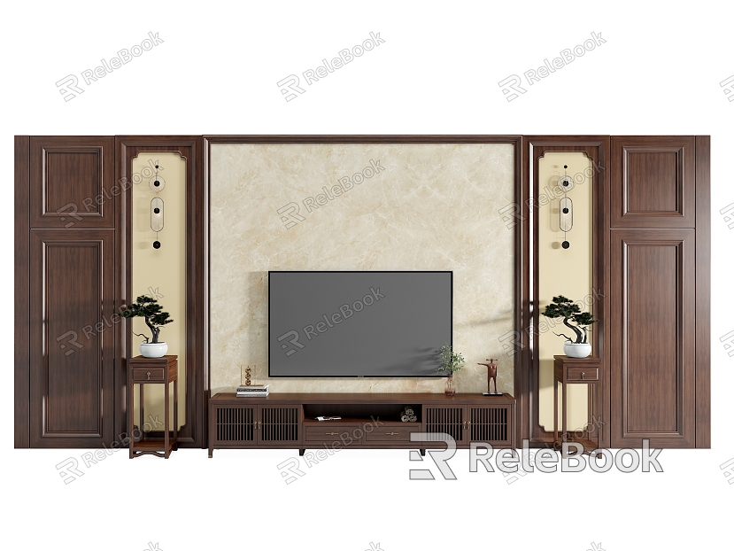 New Chinese Style TV Background Wall Sofa Background Wall Solid Wood Decorative Panel Invisible Door Background Wall TV Cabinet Flower Rack model