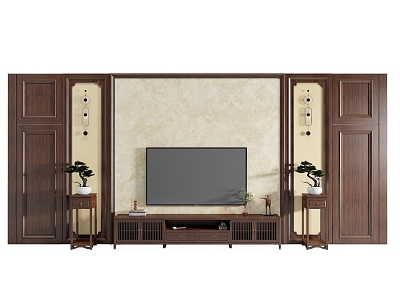 New Chinese Style TV Background Wall Sofa Background Wall Solid Wood Decorative Panel Invisible Door Background Wall TV Cabinet Flower Rack model