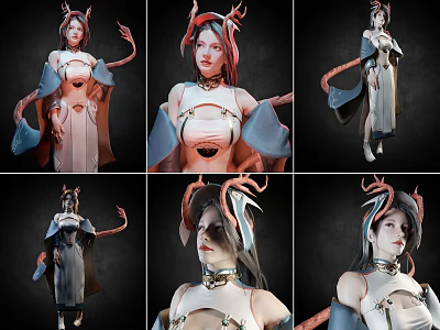 Elegant Female Character Design With Antler Headpiece And Flowing Robe In Multiple Angles 3d model