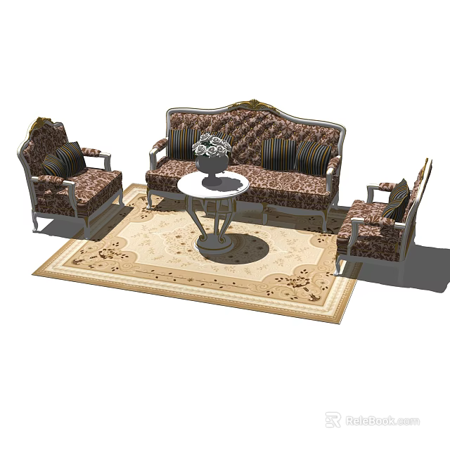 Patterned Sofa and Coffee Table Set with Armchairs Vase and Decorative Rug 3d model 