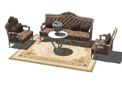 Patterned Sofa and Coffee Table Set with Armchairs Vase and Decorative Rug 3d model