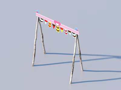 Outdoor Children's Swing With Pink Crossbar And Colorful Flags On Wooden Frames 3d model