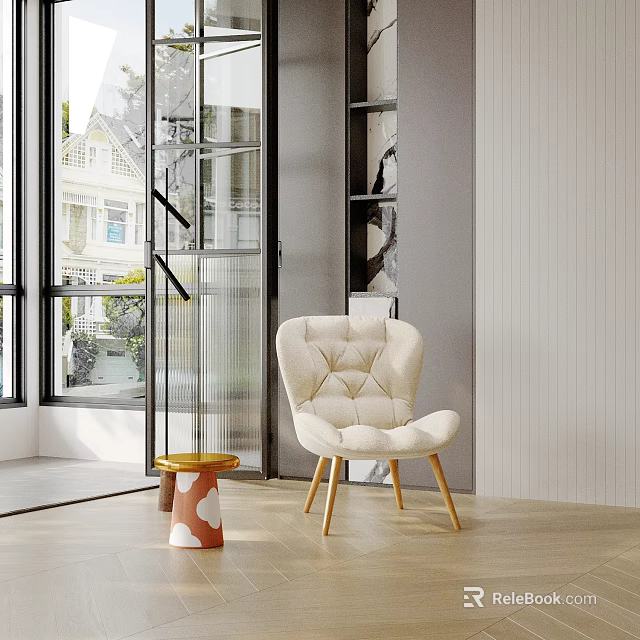Modern Interior Space Featuring White Tufted Chair Wooden Stool And Glass Door Design 3d model 