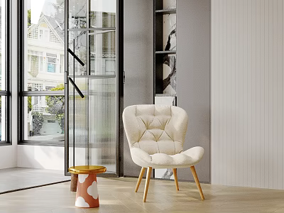 Modern Interior Space Featuring White Tufted Chair Wooden Stool And Glass Door Design 3d model
