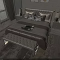 Elegant Modern Double Bed Interior With Upholstered Headboard Nightstands Table Lamps And Tufted Bench