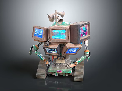 Retro Robot Made With Multiple Vintage TV Screens Tracked Base And Antenna 3d model