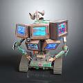 Retro Robot Made With Multiple Vintage TV Screens Tracked Base And Antenna