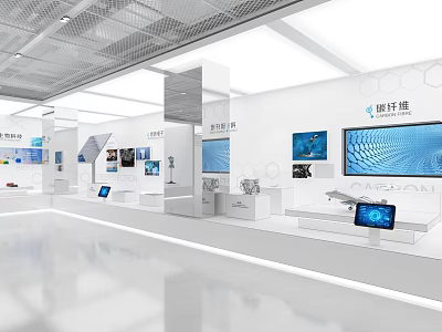 Modern Exhibition Hall Interior Design With Multiple Screens Display Stands And Exhibits 3d model