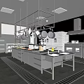 Spacious Commercial Kitchen Interior With Stainless Steel Countertops Hanging Pans And Appliances