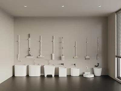 Organized Washing Daily Supplies Display With Wall Mounted Mops White Sinks And Robotic Vacuum 3d model