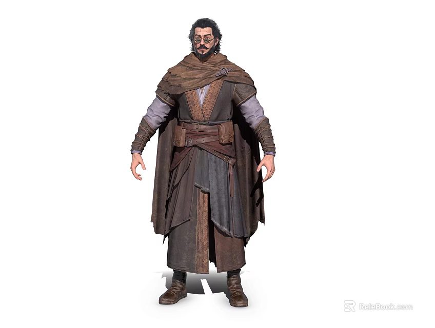 Medieval Male Character In Brown Robe With Belt And Bearded Face Standing Pose 3d model 