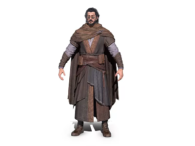 Medieval Male Character In Brown Robe With Belt And Bearded Face Standing Pose 3d model