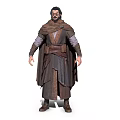 Medieval Male Character In Brown Robe With Belt And Bearded Face Standing Pose