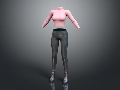 Pink Turtleneck Top With Gray Skinny Pants And Silver Boots Outfit 3d model