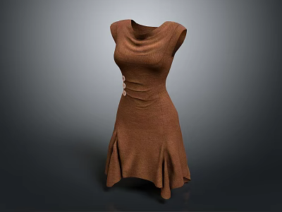Brown Knit Dress With Unique Neckline Ruched Waist And Layered Skirt 3d model