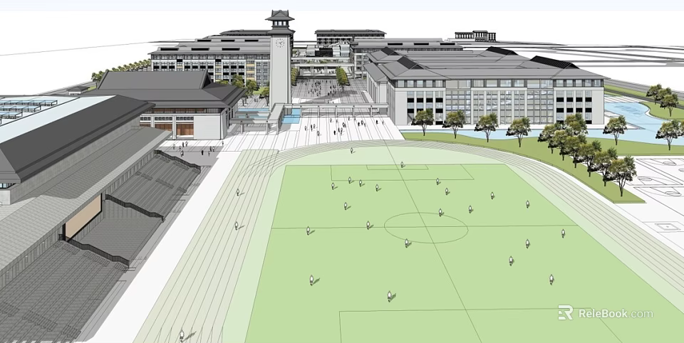 Modern School Campus Architecture Featuring Football Field Clock Tower And Classroom Buildings 3d model 