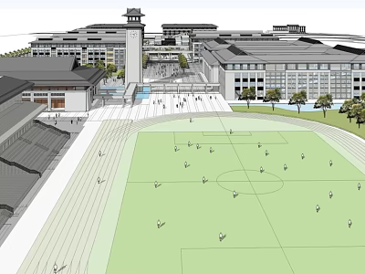 Modern School Campus Architecture Featuring Football Field Clock Tower And Classroom Buildings 3d model