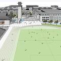 Modern School Campus Architecture Featuring Football Field Clock Tower And Classroom Buildings