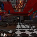 Hotpot Restaurant Interior With Red Decor Neon Signs And Wooden Dining Tables