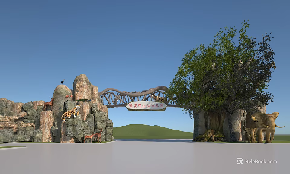 Scenic Garden Landscape Design With Rock Formations Archway Trees And Animal Sculptures 3d model 