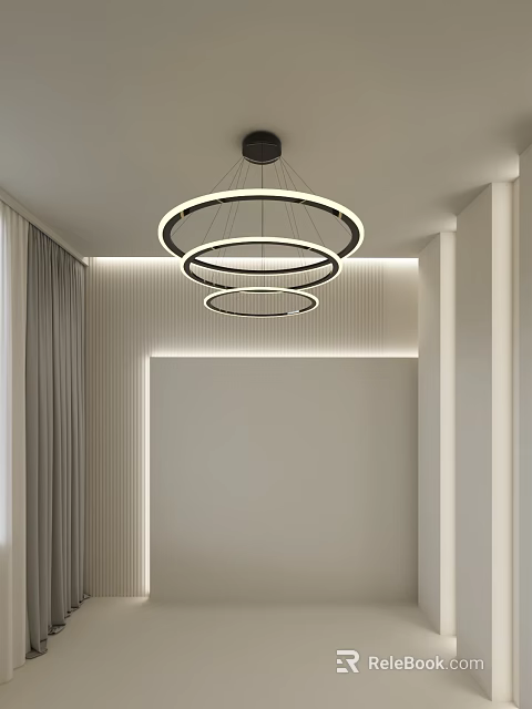 Modern Minimalist Room With Three Circular Ring Chandeliers White Walls Vertical Stripes And Gray Curtains 3d model 