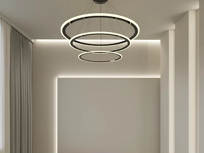 Modern Minimalist Room With Three Circular Ring Chandeliers White Walls Vertical Stripes And Gray Curtains 3d model