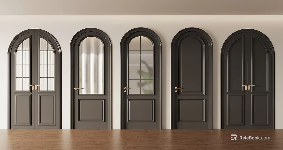 Black Interior Doors With Various Designs On White Walls And Wooden Floor 3d model 