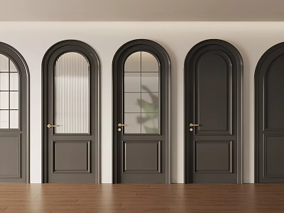 Black Interior Doors With Various Designs On White Walls And Wooden Floor 3d model