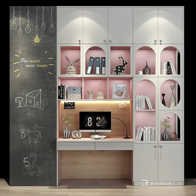 Modern Wardrobe Design With Pink Open Shelves White Cabinetry Bookshelves Decorative Items And Chalkboard Wall 3d model 
