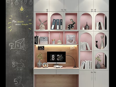 Modern Wardrobe Design With Pink Open Shelves White Cabinetry Bookshelves Decorative Items And Chalkboard Wall 3d model