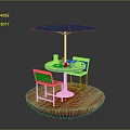 Outdoor Patio Setup With Round Table Blue Umbrella Chairs And Wooden Platform