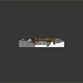 3D Model of Mountainous Terrain With Blue River And Orange Mechanical Structure