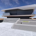 Modern Waterfront Building Exterior Design With White Geometric Structure And Large Glass Windows On Water