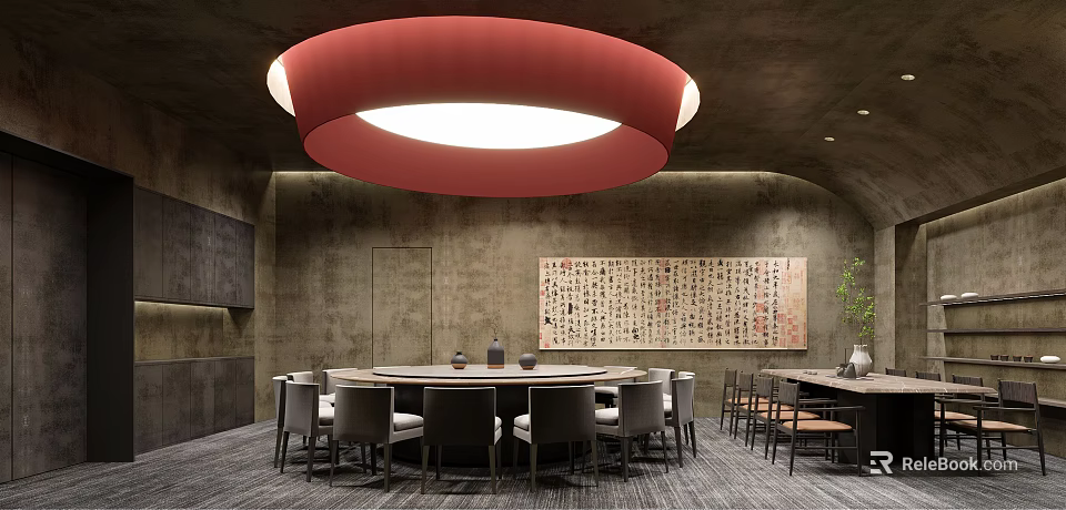 Private Room Interior With Red Circular Chandelier Gray Walls Round Dining Table And Calligraphy Artwork 3d model 