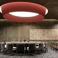 Private Room Interior With Red Circular Chandelier Gray Walls Round Dining Table And Calligraphy Artwork