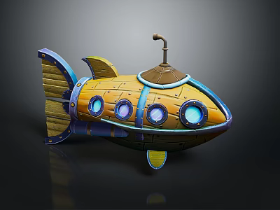 Fantasy Yellow Fish Shaped Weapon With Blue Accents Circular Windows Bottom Fins And Top Chimney 3d model