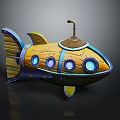 Fantasy Yellow Fish Shaped Weapon With Blue Accents Circular Windows Bottom Fins And Top Chimney
