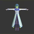 Blue Haired Game Movie Character 3D Model With Blue White Coat Purple Pants Arms Outstretched