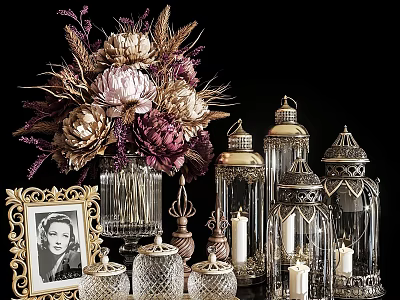 Elegant Decorative Ornament Set With Glass Lanterns Floral Bouquet Golden Photo Frame And Crystal Jars 3d model