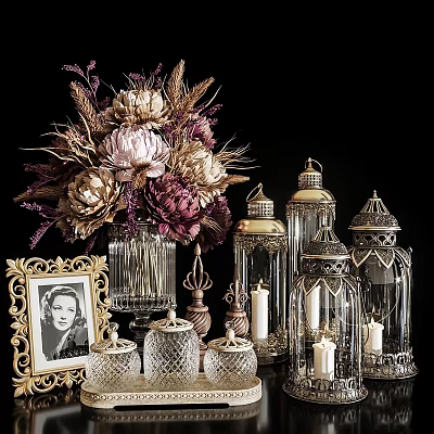 Elegant Decorative Ornament Set With Glass Lanterns Floral Bouquet Golden Photo Frame And Crystal Jars 3d model