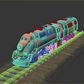 Colorful Retro Train With Red Green Body On Railway Track And Metal Wheels