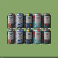 Colorful Canned Drinks With Patterned Designs On Light Green Background
